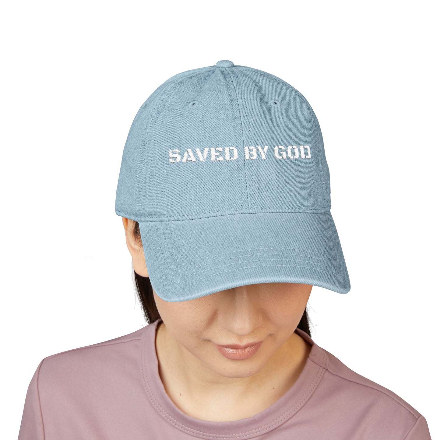 Embroidered Denim Hat - Saved by God, Casual Cap, Faith-Based Apparel, Gift for Believers, Stylish Hat for Any Occasion