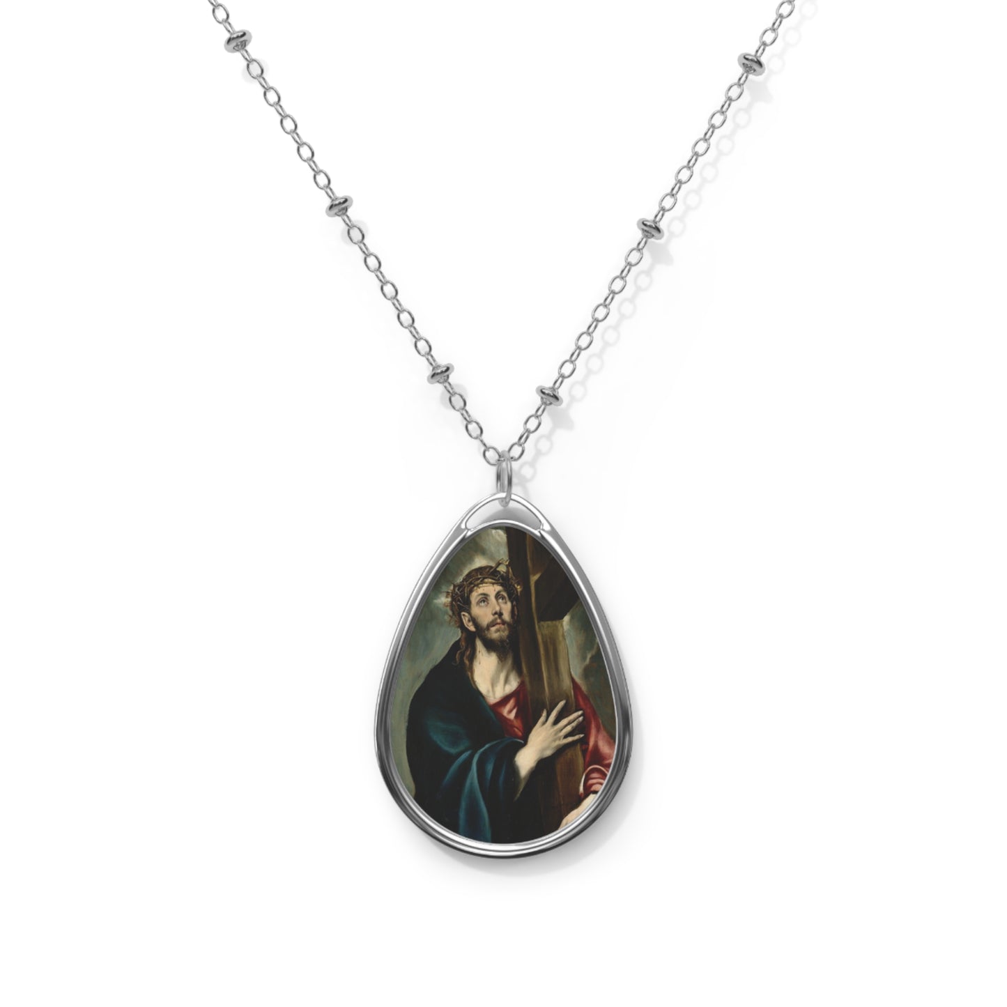 Elegant Oval Pendant Necklace with Jesus Art, Spiritual Jewelry, Gift for Faith Lovers, Unique Christian Accessory, Meaningful Keepsake