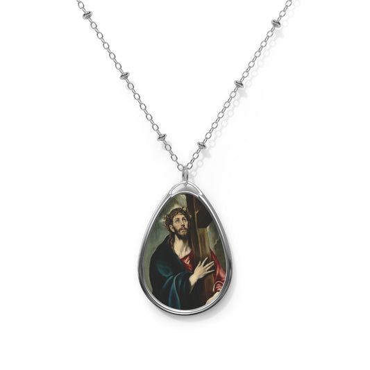 Elegant Oval Pendant Necklace with Jesus Art, Spiritual Jewelry, Gift for Faith Lovers, Unique Christian Accessory, Meaningful Keepsake